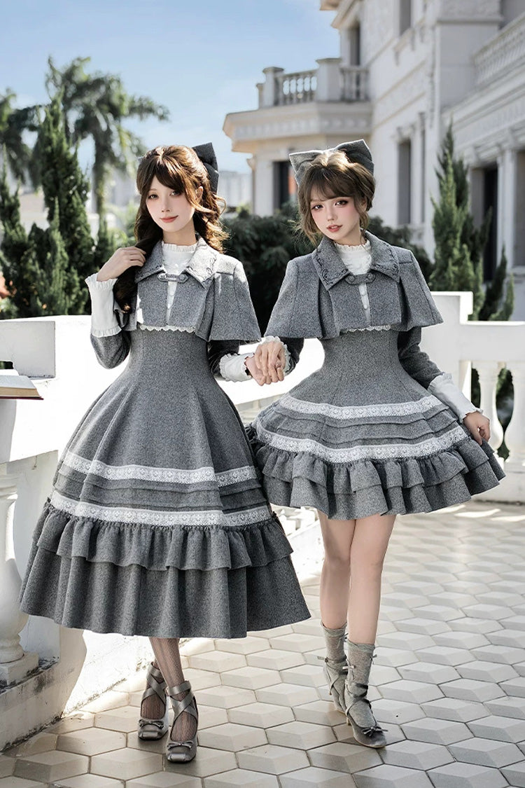 Classic Elegant Lolita Dress with Stand Collar and Ruffled Bow - Grey