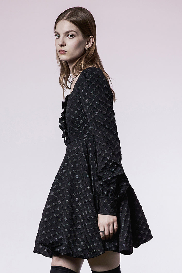 Pearl Nail Square Neck Tucked Waist Flower Bud Punk Dress