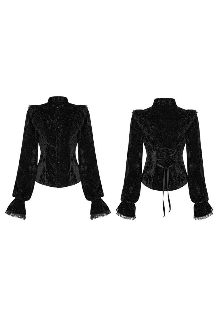 Gothic Velvet Blouse with High Collar, Lace Cuffs, Back Lace-Up, Print