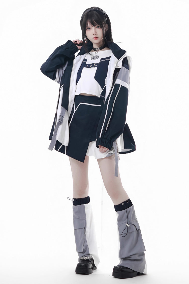 Blue/White Message Overload Techwear Long Sleeves Embroidered Asymmetric Jirai Kei Coat & Skirt Set