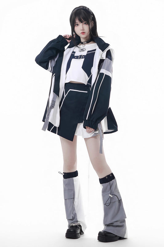 Blue/White Message Overload Techwear Long Sleeves Embroidered Asymmetric Jirai Kei Coat & Skirt Set