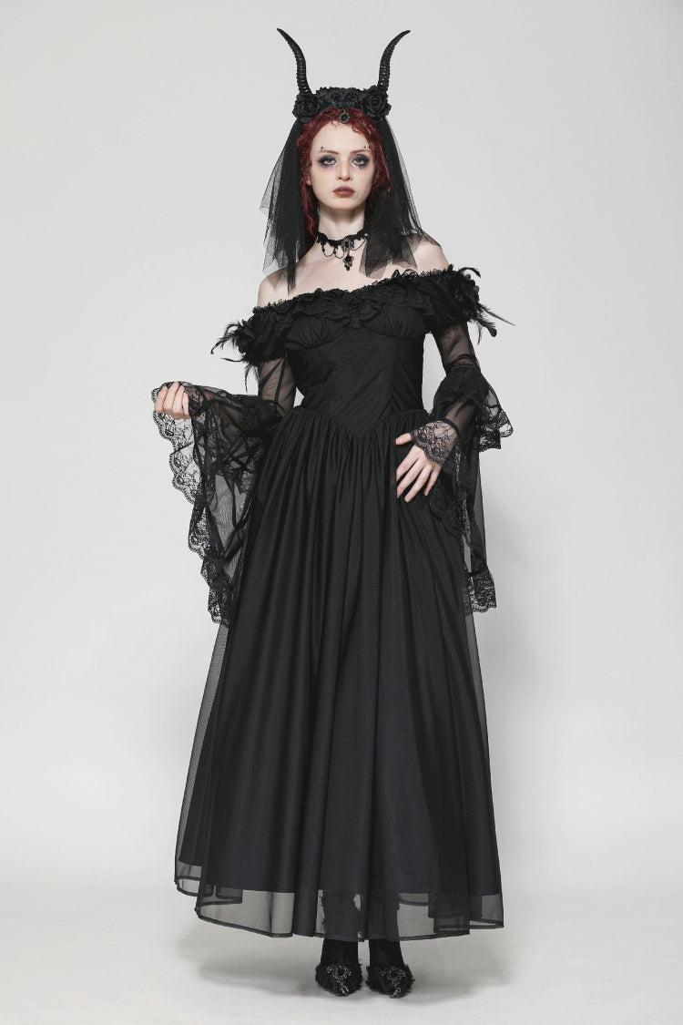 Elegant Gothic Off-Shoulder Tulle Gown with Lace Trim and Flared Sleeves