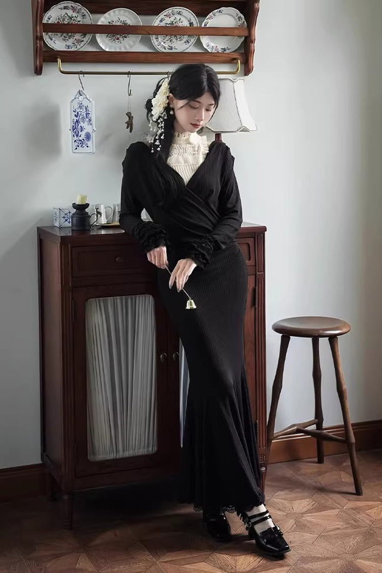 Slim Gothic Fishtail Dress with Stretch Knit - Black