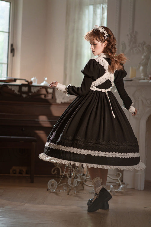 Sweet Lolita Maid OP Dress with Bowknot, Ruffles, Long Sleeves, Lapel Collar and Apron Included