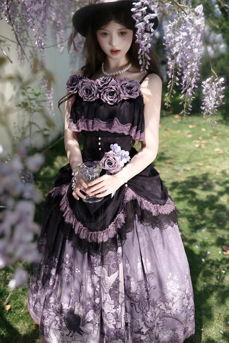 Angel Garden Black Purple Sleeveless Print Ruffle Bowknot Lace Sweet Gothic Skirt Set