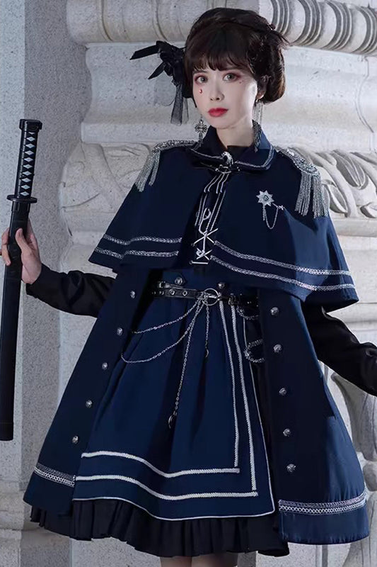 Indigo Lace-Up Military-Style Handsome Lolita Gown with Ruffles