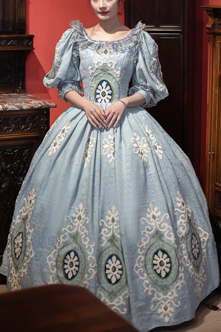 Blue Printed Embroidery Victorian Dress - Vintage Lolita