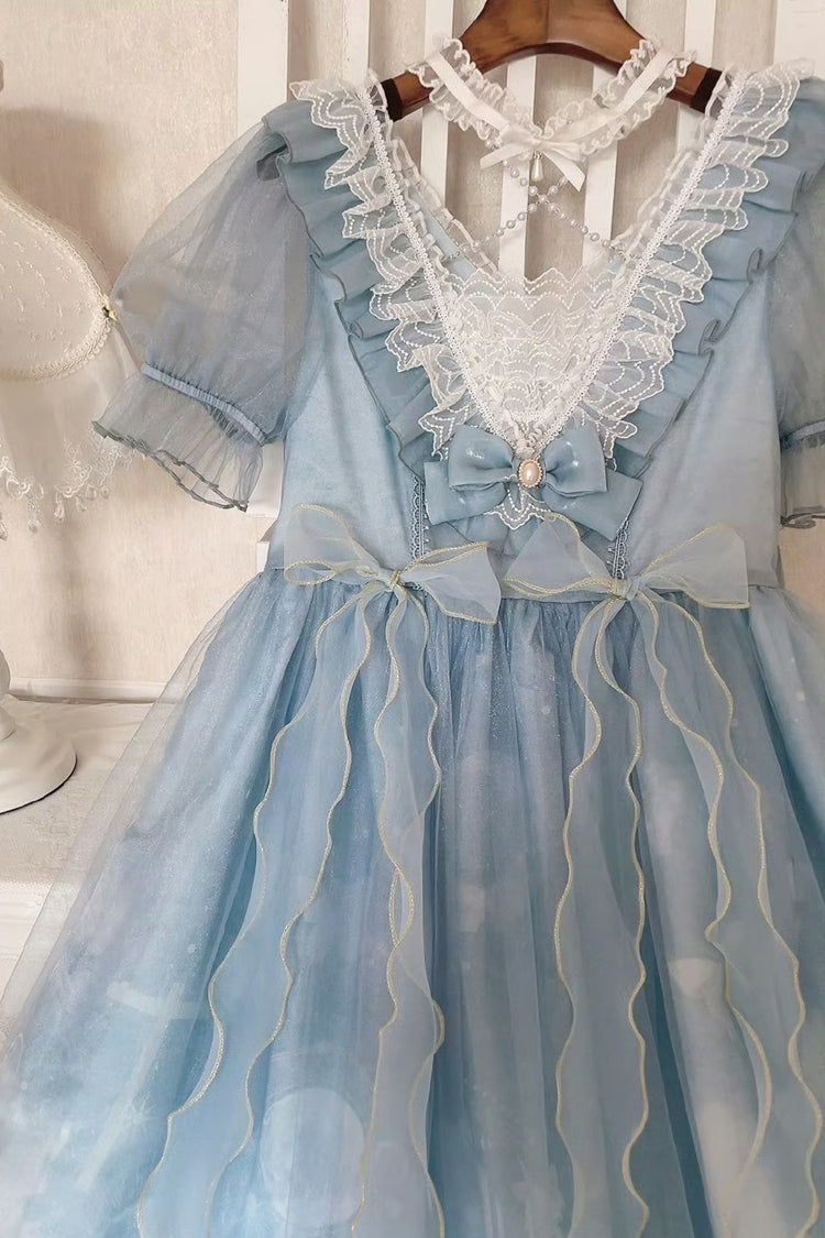 Blue Planet Butterfly Printed Ruffled Sweet Lolita Dress - High-Waisted