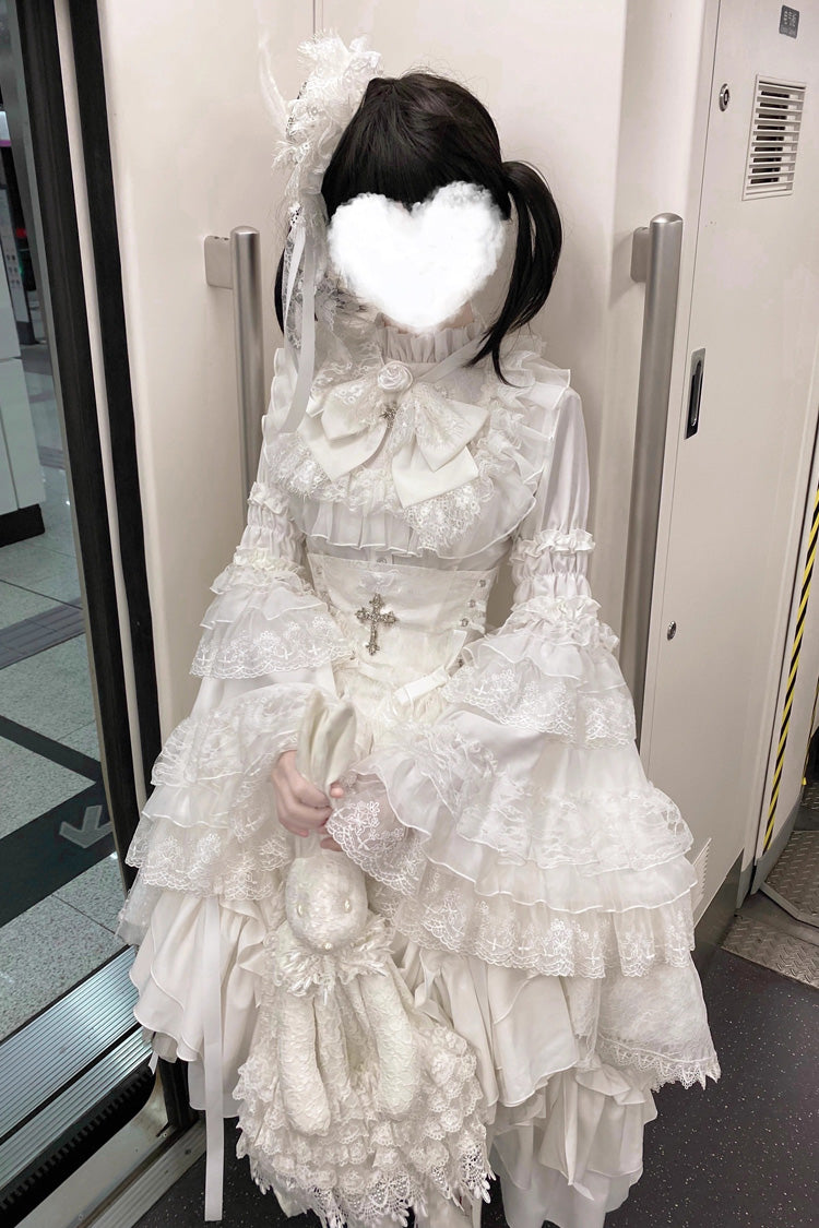 Ivory Long Hime Sleeve Ruffled Bow Gothic Skirt Dress Set