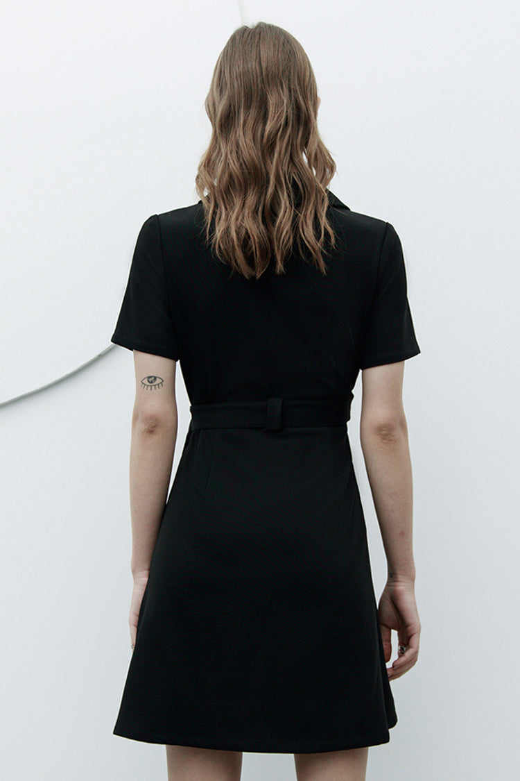 Lapel Metal Buckle Belt Collect Waist A-Shape Hem Punk Dress