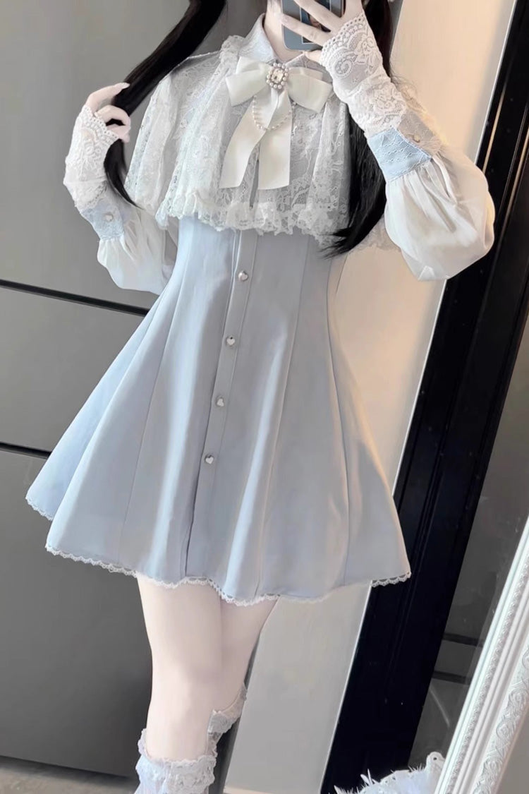 Aqua Shawl Lace Chiffon Long Sleeves Slim Jirai Kei Dress