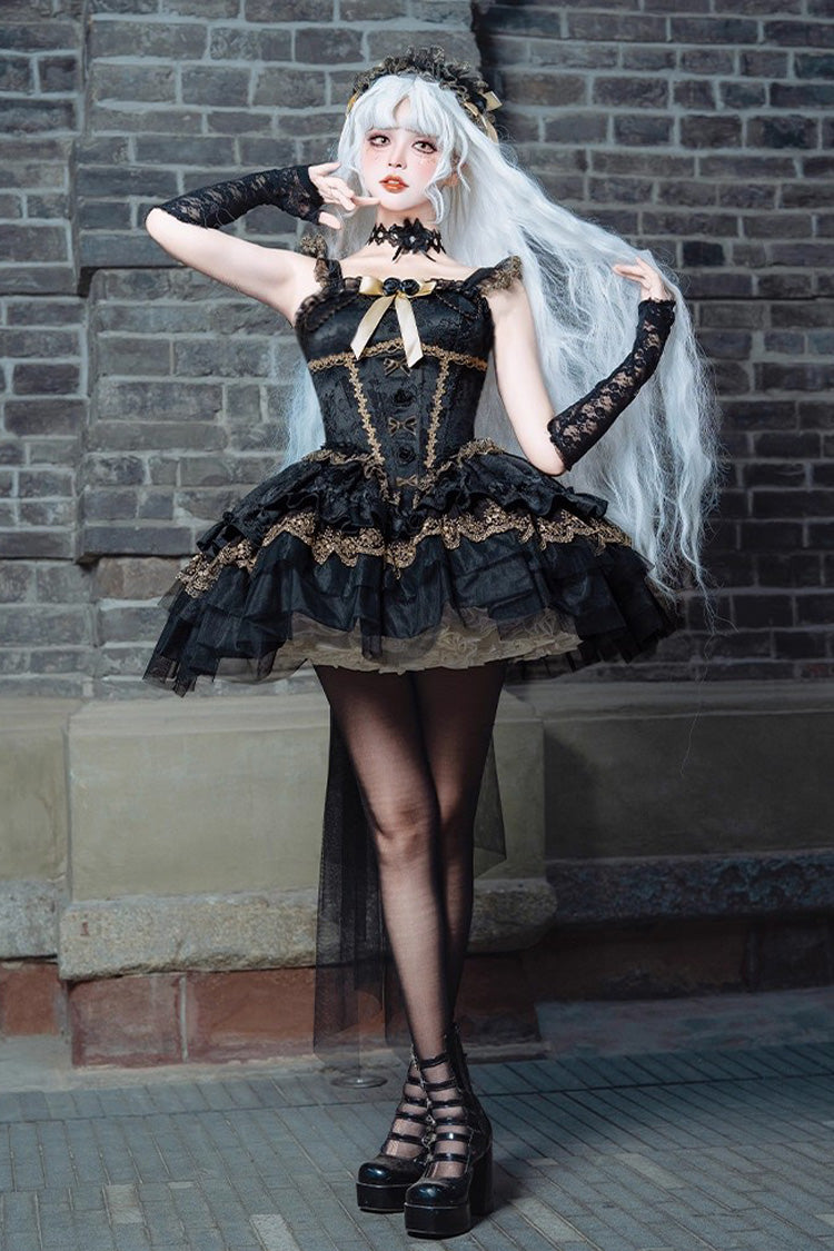 Sleeveless Multi-Layered Ruffle Bow Lace Gothic Ballet Jsk Dress