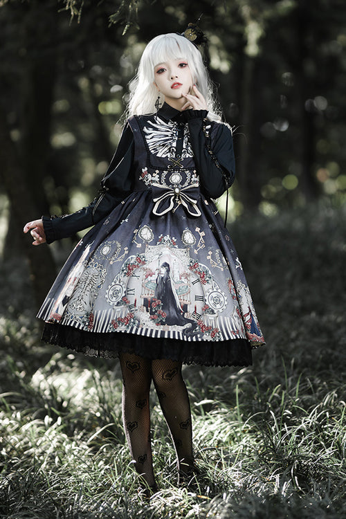 Black Fairy Tale Print JSK Dress with Lapel Collar