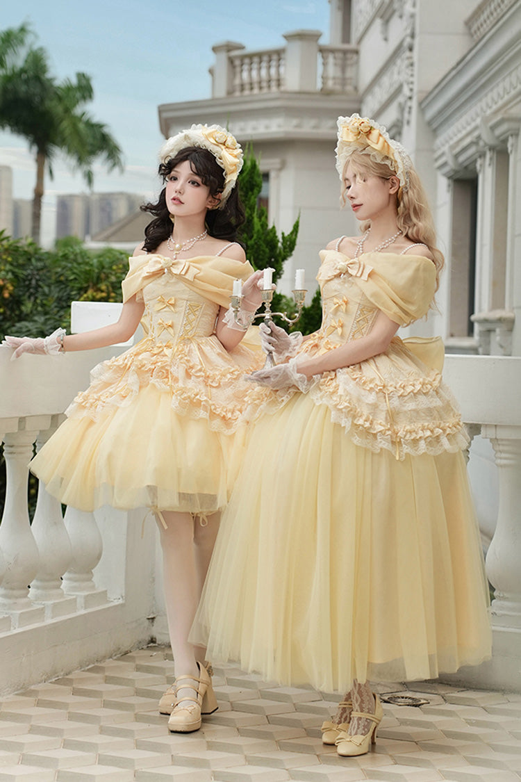 Yellow Off Shoulder Sweet Skirt with Lace and Bow - Sissi's Pilgrimage