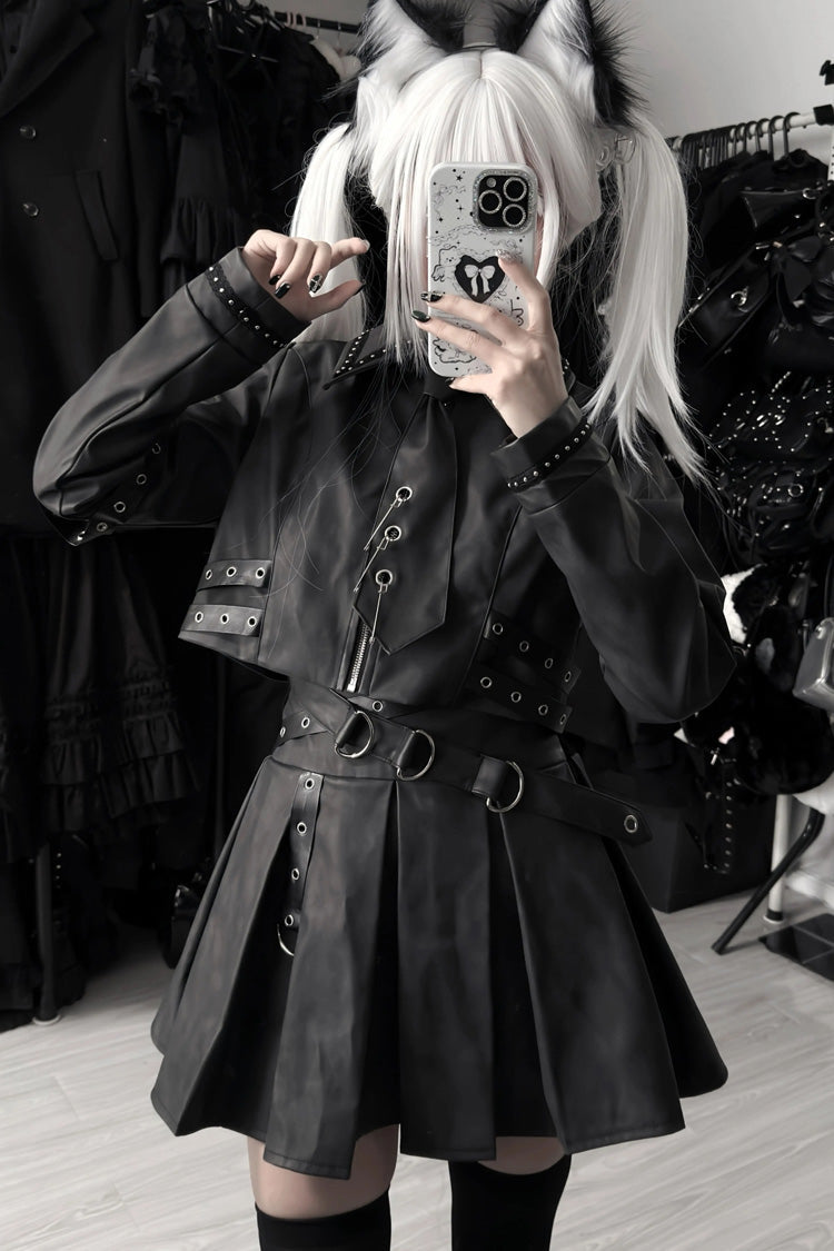Eternal Night Lapel Collar Studded Eyelet Gothic Handsome Top Skirt Set