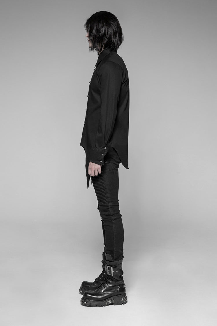 Jet-Black Gothic Shirt with Metal Buckle Trim and Sharp Hem for Men