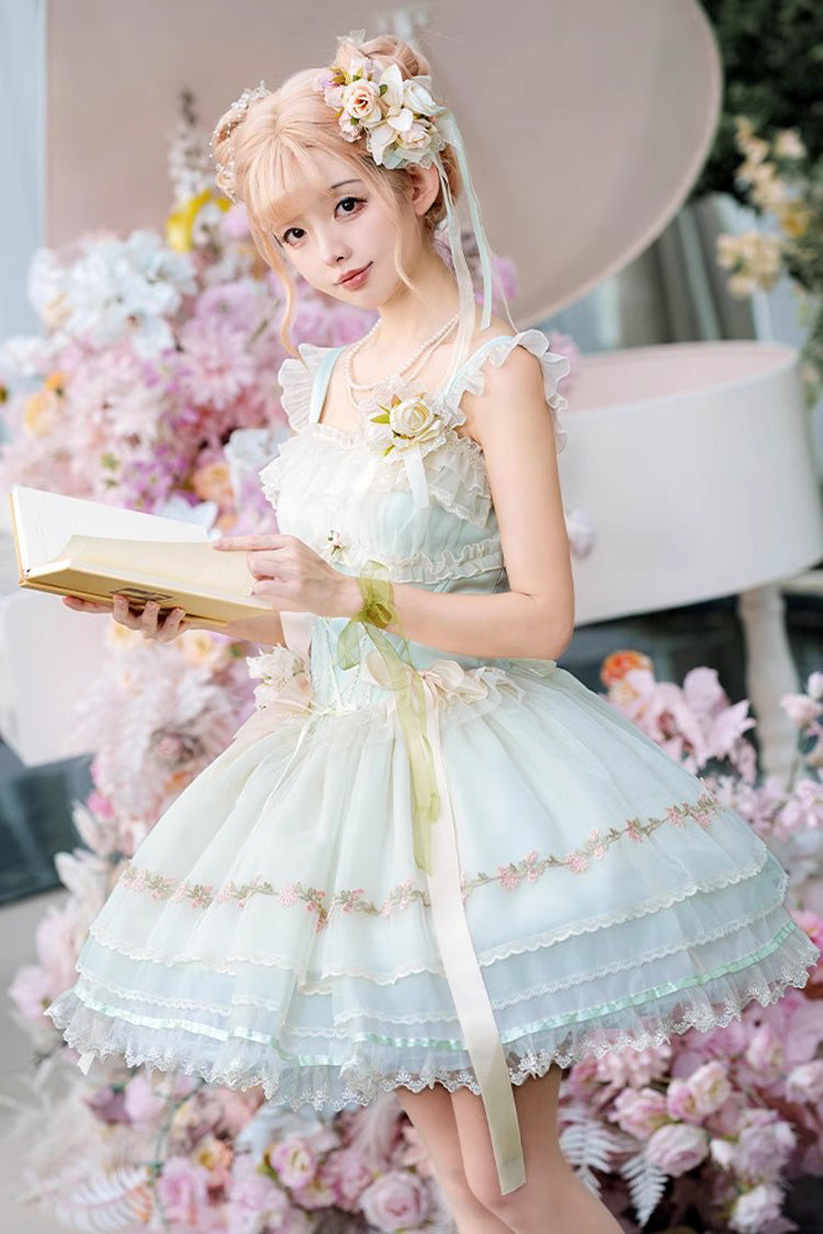 Ballet Lolita JSK Dress with Multi-Layered Ruffles and Bow - Mist Champagne, 3 Colors