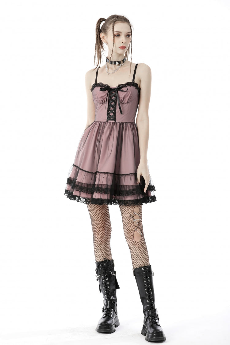 Sleeveless Multi-Layered Lace Lolita Slip Graduation Dress - Pink