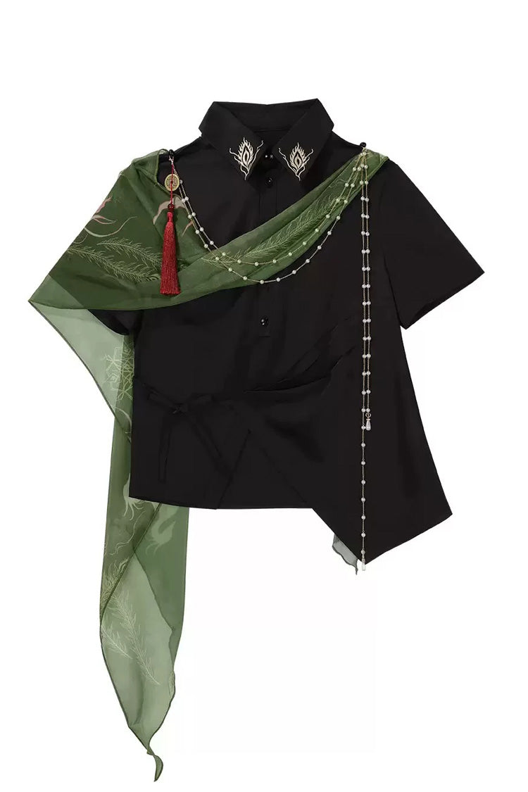Embroidered Lapel Collar Short Sleeve Wuxia Hanfu Pants Set