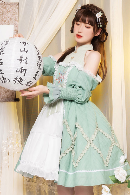 Emerald Off-Shoulder Hand-Embroidered Sweet Lolita Dress with Long Sleeves