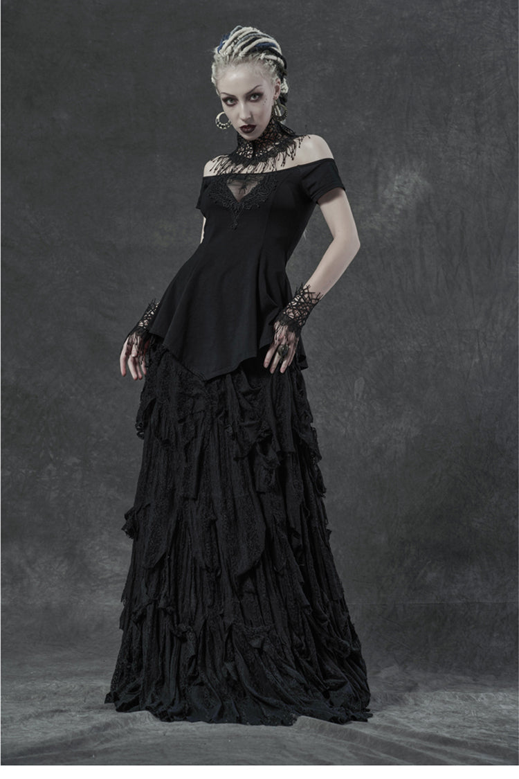 Gothic Tee with Lace Embroidery and Frilled Hem for Women