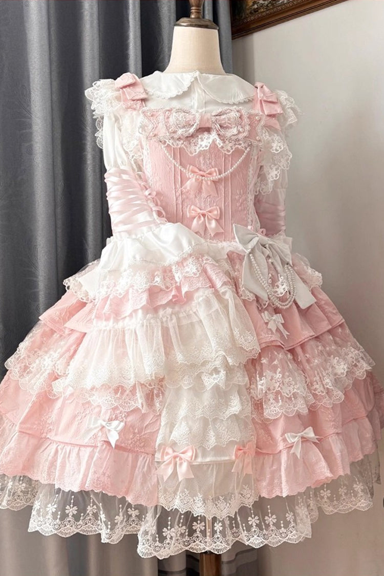 Sleeveless Multi-Layered Ruffle Embroidery Bowknot Lace Pearl Lolita Jsk Pink