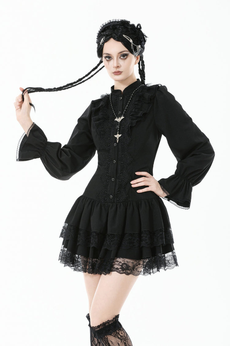 Jet-Black Lace-Up Dress with Bishop Sleeves and Layered Hem