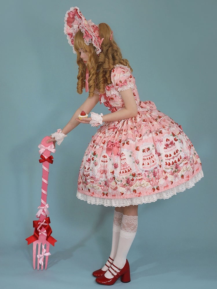 Bow Print Cake Set Sweet Strawberry / Pink Accents Full Lolita Dress