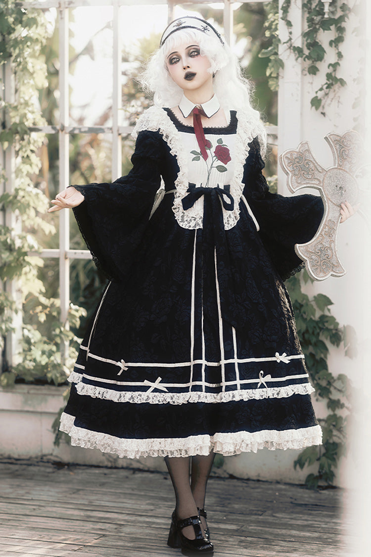 Black Double-Layered Ruffled Embroidered Bow Lace Gothic Nun Dress - Rose Choir