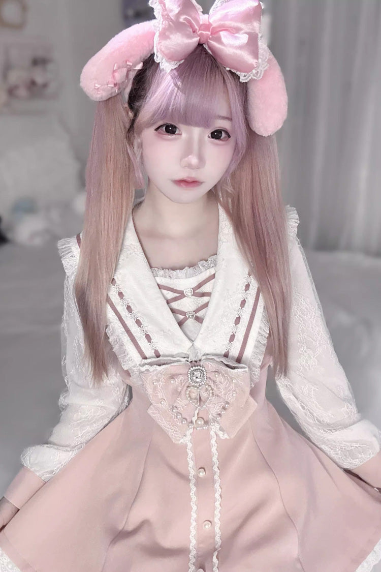 Printed Bowknot Dress Set - Jirai Kei Japanese Style