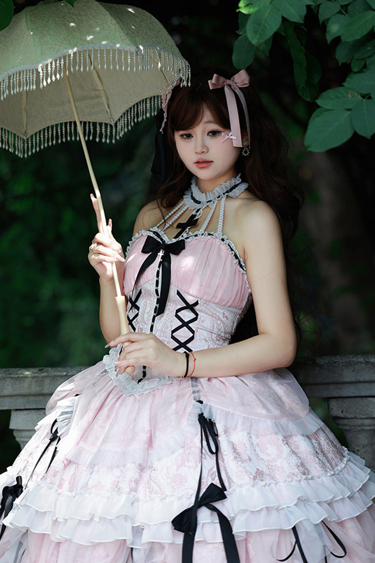 Pink Cross Halterneck Lace-Up Sweet Lolita Dress - Princess Ruffled Bowknot