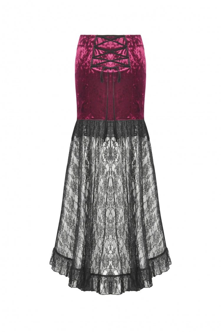 Crimson & Noir Velvet & Lace Lace-Up High-Low Maxi Gothic Skirt