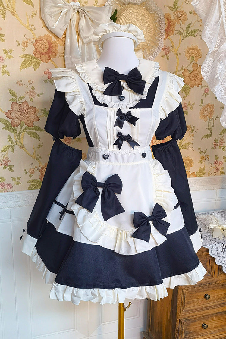 Black/White Short Sleeve Ruffled Bow Lace Plus Size Maid Dress