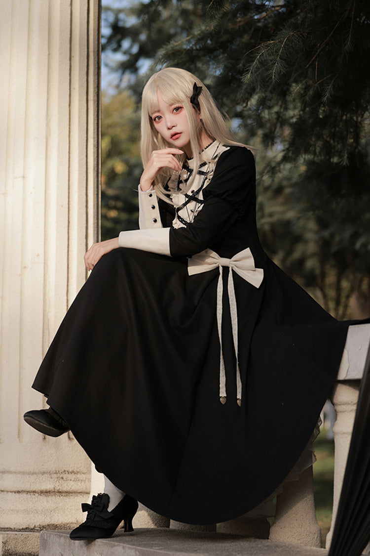 Elegant Lolita Dress with Stand Collar, Ruffles, and Bowknot