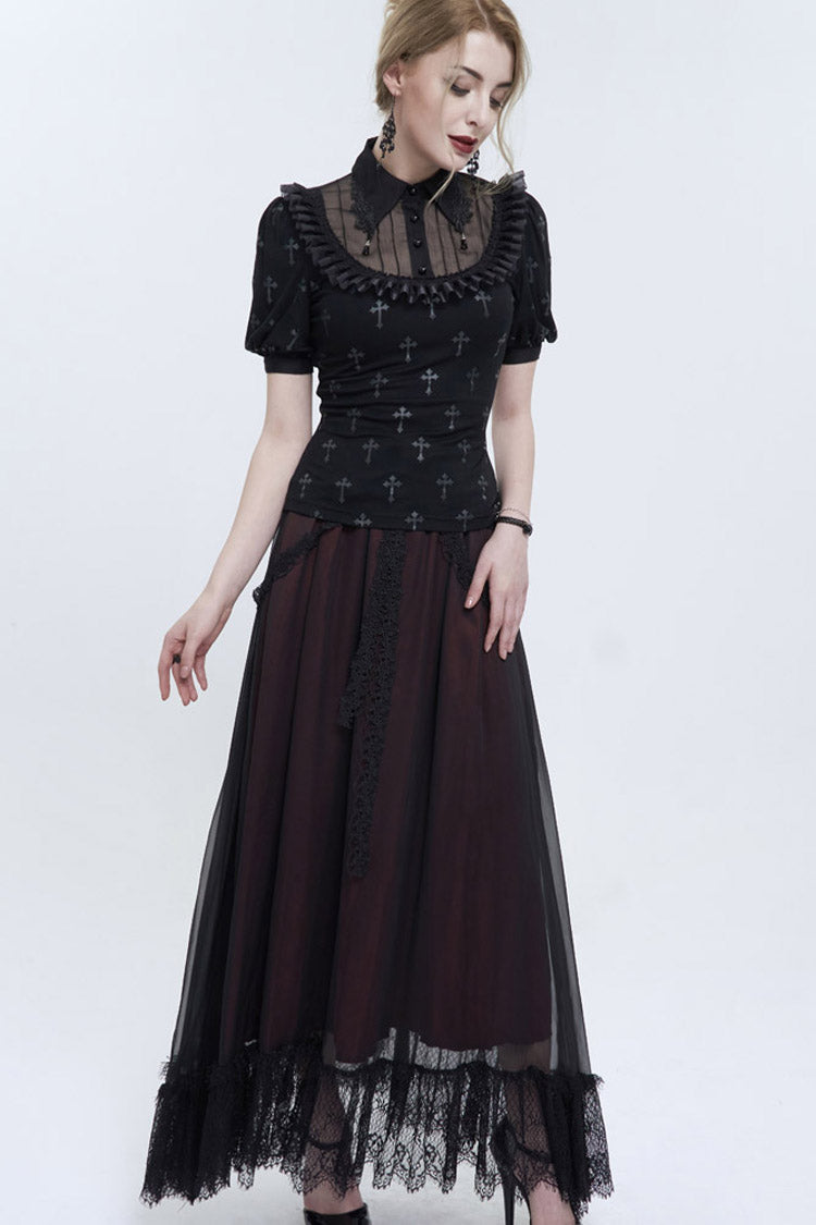 Punk Shirt with Cross Print Lace Collar Strap Pendant Chest Panel