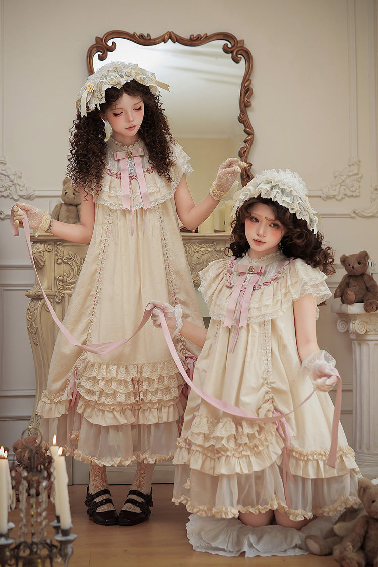 Apricot Sweet Lolita Dress with Stand Collar Short Sleeves Loose Doll-Like Ruffled Bow Lace