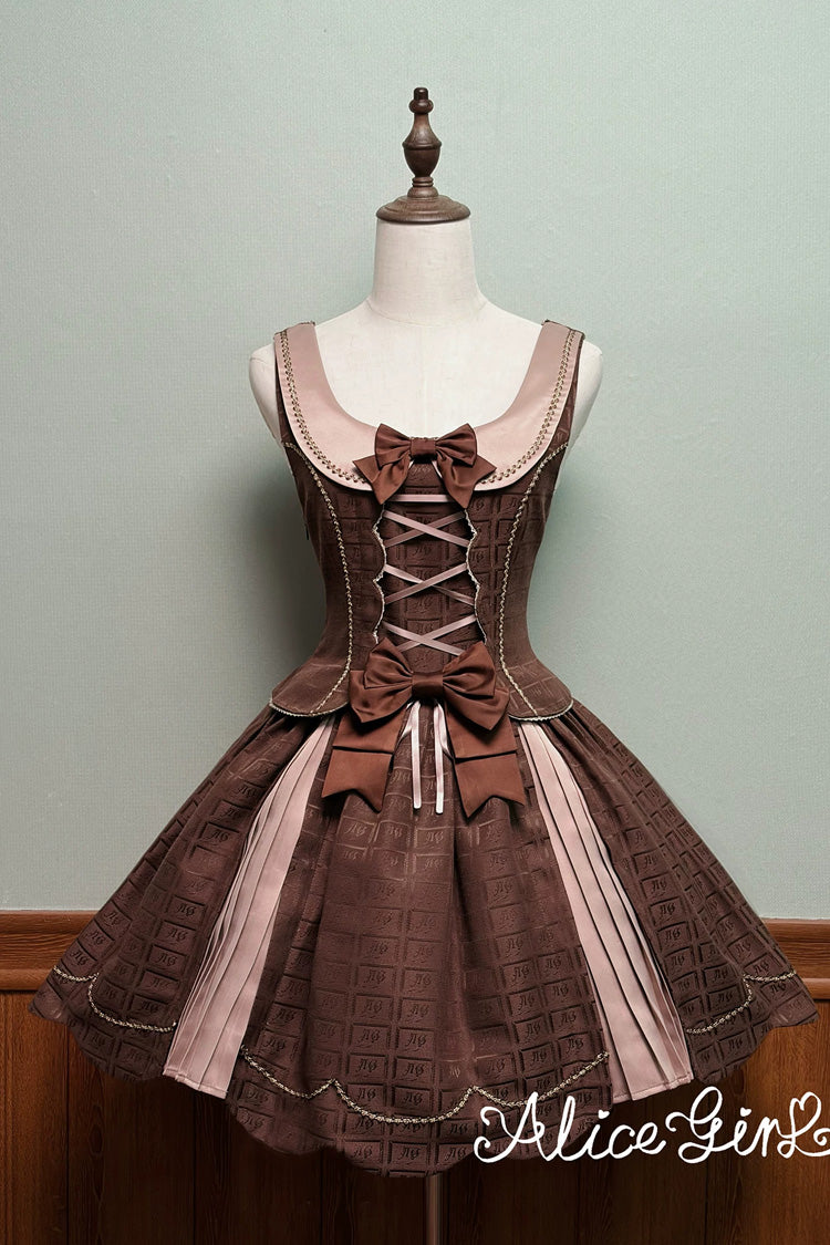 Brown Printed Embroidered Bow Lace-Up Classic JSK Dress & Skirt - Teddy Chocolate Bar