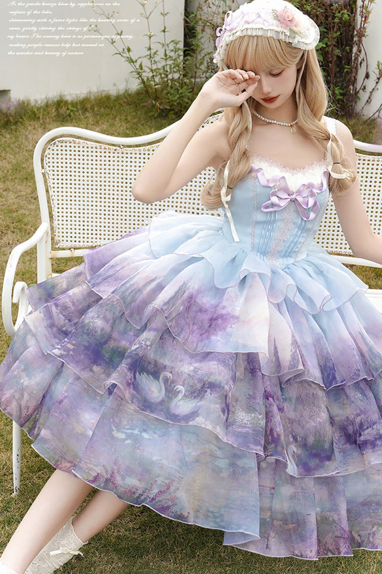 Multi-Color Swan Lake Printed Oil Painting Sweet Lolita JSK Dress - Three-Layer