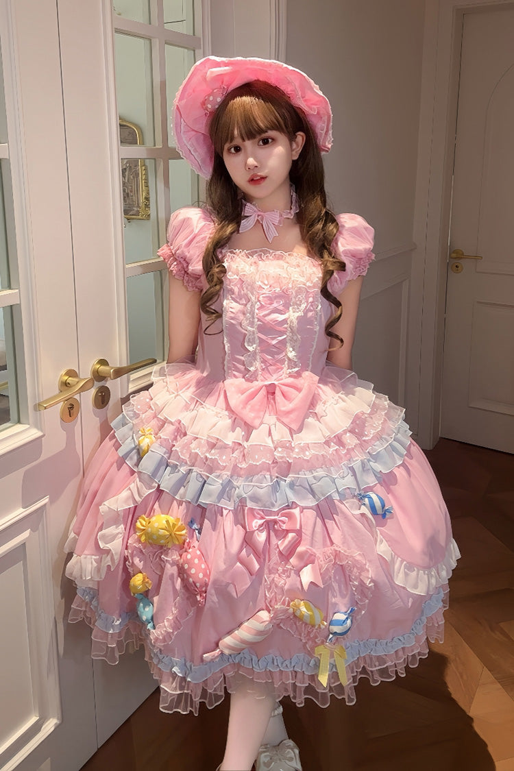 Pink Candy Party Short Sleeves Multi-Tiered Ruffled Bow Lace Lace-Up Sweet Lolita Dress