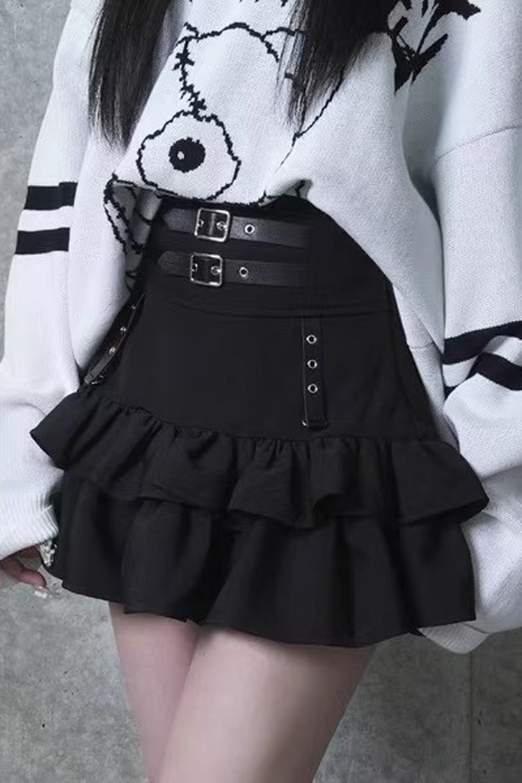 Black High Waisted Ruffle Leather Buckle Gothic Jirai Kei Japanese Mini