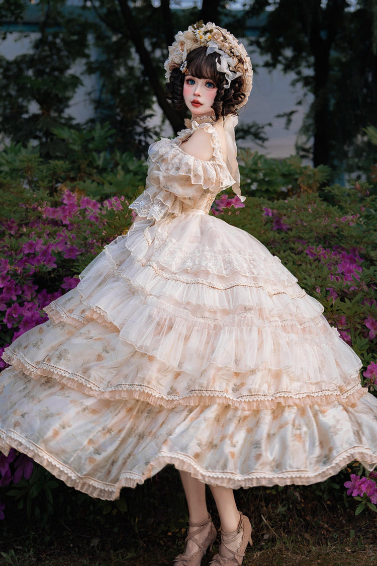 Yellow Off-Shoulder Princess Dress with Ruffle Print