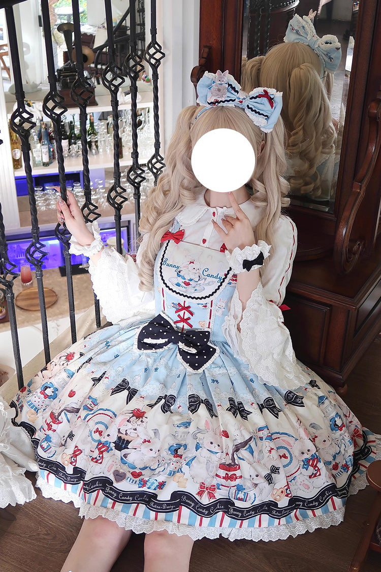 Sleeveless Print Ruffle Bowknot Lace Sweet Lolita Jsk Dress Blue