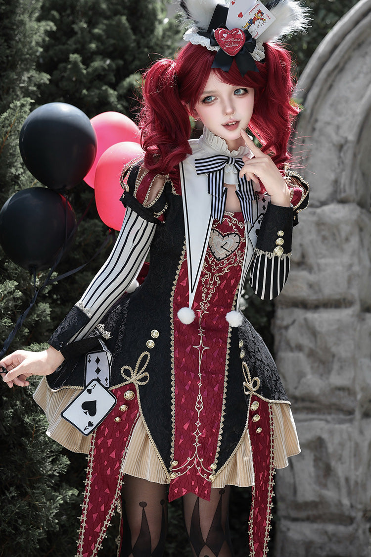 Black/Red Stand Collar Gothic Dress Set with Jacquard