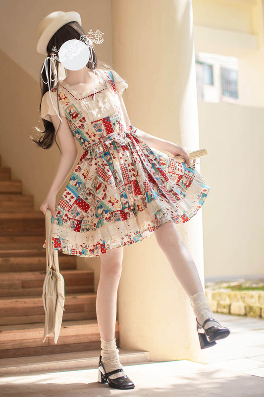 Multi-Color Vintage Sleeveless Layered Print Jumper with Ruffles
