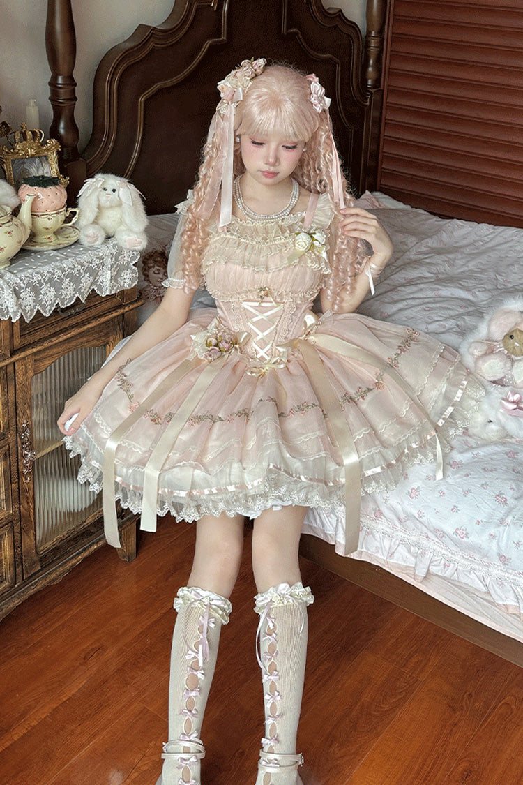 Ballet Lolita JSK Dress with Multi-Layered Ruffles and Bow - Mist Champagne, 3 Colors