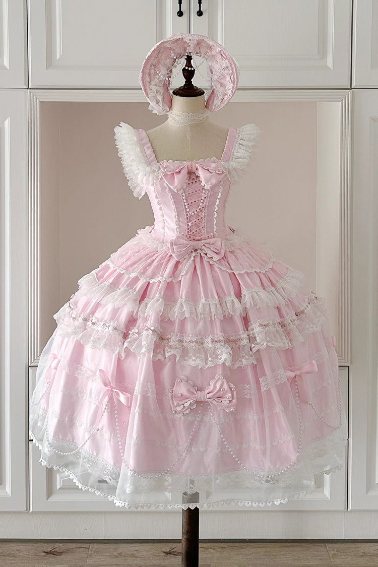 Showa Girl Triple-Layered Ruffle Lolita JSK Long Dress with Pearl Accents