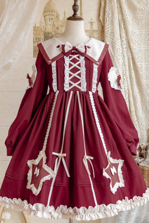 Pentagram Embroidered Lolita OP Dress - Chiffon Lantern Sleeve