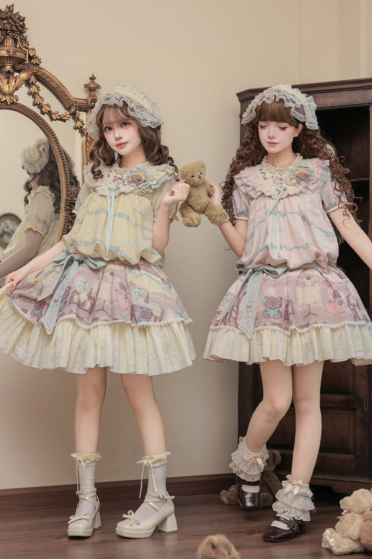 Brown Dollhouse Short Sleeves Bear Printed Ruffled Bow Sweet Lolita Dress Set - Yellow