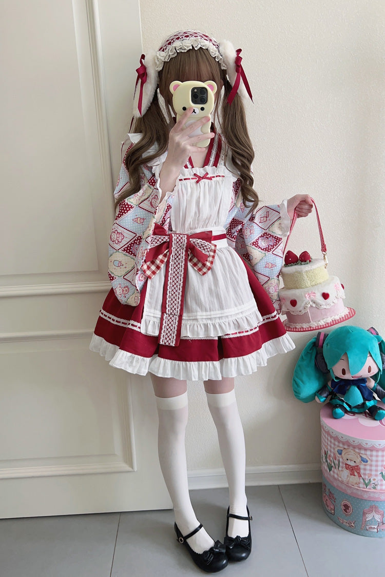 Showa Sweet Pet Japanese Maid Lolita Dress with Ruffle Bowknot