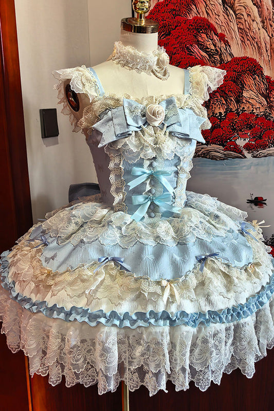 Blue Square Neck Ruffled Bow Lace Ballet Sweet JSK Dress - Rose Feather Romance